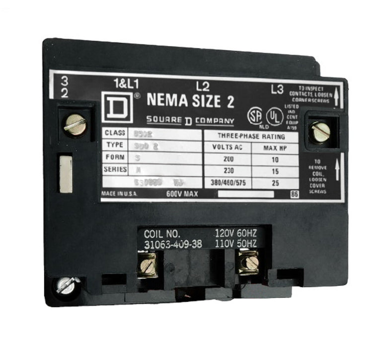 8502-SDO2-V02S Magnetic Motor Contactor, Nema Size 2, 45 Amps, 3 Poles, 120VAC Coil, Full Voltage 600VAC, Open Style No Enclosure, Across the Line Starting and Stopping, Single Speed, Non-Reversing, Max HP Ratings (3 Phase): 10 @ 200VAC, 15@ 230VAC, 25 @ 460VAC, 25 @ 575VAC. New Surplus and Certified Reconditioned with 1 Year Warranty.