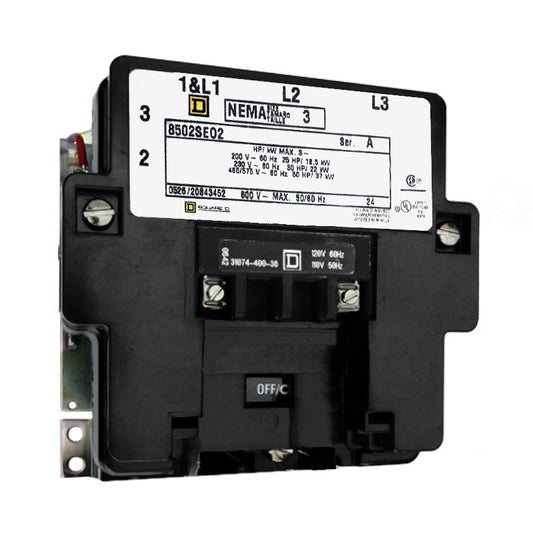 8502-SEO2-V02S Magnetic Motor Contactor, Nema Size 3, 90 Amps, 3 Poles, 120VAC Coil, Full Voltage 600VAC, Open Style No Enclosure, Across the Line Starting and Stopping, Single Speed, Non-Reversing, Max HP Ratings (3 Phase): 25 @ 200VAC, 30 @ 230VAC, 50 @ 460VAC, 50 @ 575VAC. New Surplus and Certified Reconditioned with 1 Year Warranty.