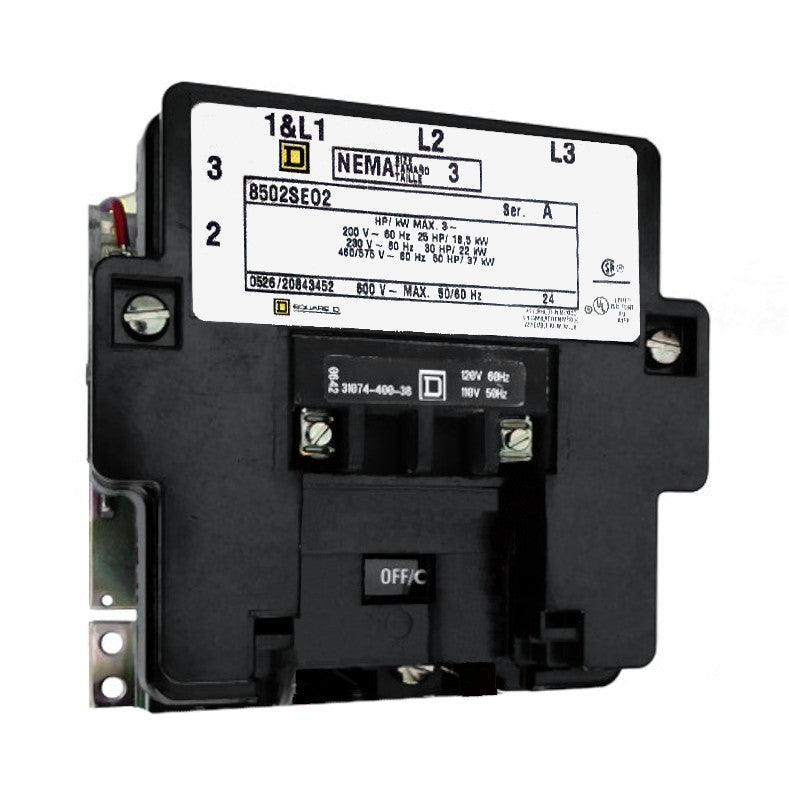 8502-SEO2-V02S Magnetic Motor Contactor, Nema Size 3, 90 Amps, 3 Poles, 120VAC Coil, Full Voltage 600VAC, Open Style No Enclosure, Across the Line Starting and Stopping, Single Speed, Non-Reversing, Max HP Ratings (3 Phase): 25 @ 200VAC, 30 @ 230VAC, 50 @ 460VAC, 50 @ 575VAC. New Surplus and Certified Reconditioned with 1 Year Warranty.