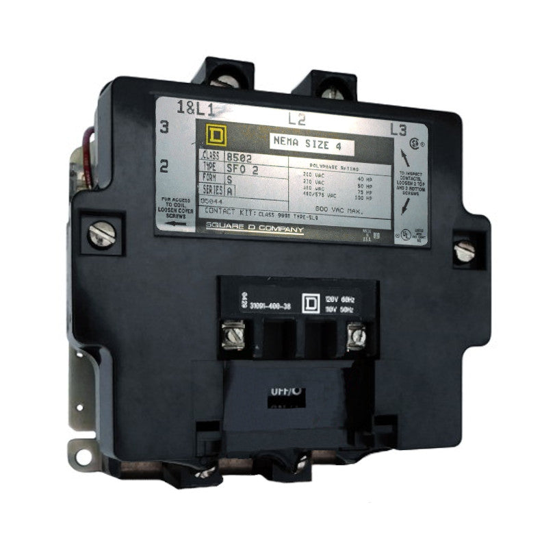 8502-SFO2-V02S Magnetic Motor Contactor, Nema Size 4, 135 Amps, 3 Poles, 120VAC Coil, Full Voltage 600VAC, Open Style No Enclosure, Across the Line Starting and Stopping, Single Speed, Non-Reversing, Max HP Ratings (3 Phase): 40 @ 200VAC, 50 @ 230VAC, 100 @ 460VAC, 100 @ 575VAC. New Surplus and Certified Reconditioned with 1 Year Warranty.