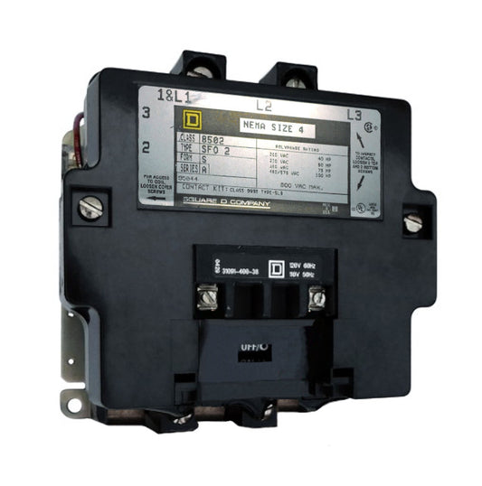 8502-SFO2-V03S Magnetic Motor Contactor, Nema Size 4, 135 Amps, 3 Poles, 240VAC Coil, Full Voltage 600VAC, Open Style No Enclosure, Across the Line Starting and Stopping, Single Speed, Non-Reversing, Max HP Ratings (3 Phase): 40 @ 200VAC, 50 @ 230VAC, 100 @ 460VAC, 100 @ 575VAC. New Surplus and Certified Reconditioned with 1 Year Warranty.
