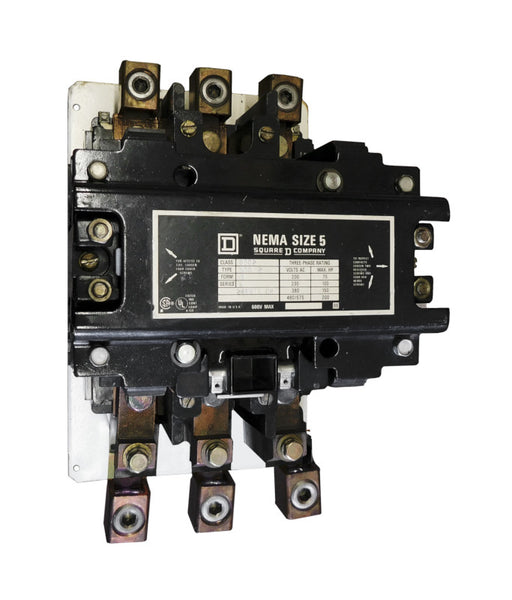 8502-SGO2-V06S Magnetic Motor Contactor, Nema Size 5, 270 Amps, 3 Poles, 480VAC Coil, Full Voltage 600VAC, Open Style No Enclosure, Across the Line Starting and Stopping, Single Speed, Non-Reversing, Max HP Ratings (3 Phase): 75 @ 200VAC, 100 @ 230VAC, 200 @ 460VAC, 200 @ 575VAC. New Surplus and Certified Reconditioned with 1 Year Warranty.