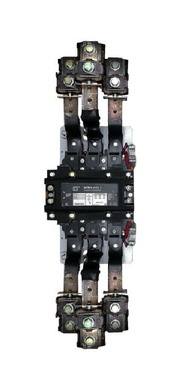 8502-SJO2-V02S Magnetic Motor Contactor, Nema Size 7, 810 Amps, 3 Poles, 120VAC Coil, Full Voltage 600VAC, Open Style No Enclosure, Across the Line Starting and Stopping, Single Speed, Non-Reversing, Max HP Ratings (3 Phase): 300 @ 230VAC, 600 @ 460VAC, 600 @ 575VAC. New Surplus and Certified Reconditioned with 1 Year Warranty.