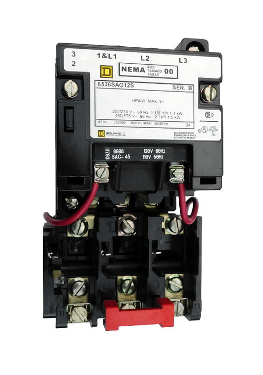 8536-SAO12-V06S Magnetic Motor Starter, Nema Size 00, 9 Amps, 3 Poles, 480VAC Coil, Full Voltage 600VAC, Open Style No Enclosure, Across the Line Starting and Stopping, Single Speed, Non-Reversing, Max HP Ratings (3 Phase): 1 1/2 @ 200VAC, 1 1/2 @ 230VAC, 2 @ 460VAC, 2 @ 575VAC. New Surplus and Certified Reconditioned with 1 Year Warranty.