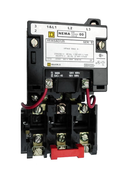 8536-SAO12-V02S Magnetic Motor Starter, Nema Size 00, 9 Amps, 3 Poles, 120VAC Coil, Full Voltage 600VAC, Open Style No Enclosure, Across the Line Starting and Stopping, Single Speed, Non-Reversing, Max HP Ratings (3 Phase): 1 1/2 @ 200VAC, 1 1/2 @ 230VAC, 2 @ 460VAC, 2 @ 575VAC. New Surplus and Certified Reconditioned with 1 Year Warranty.