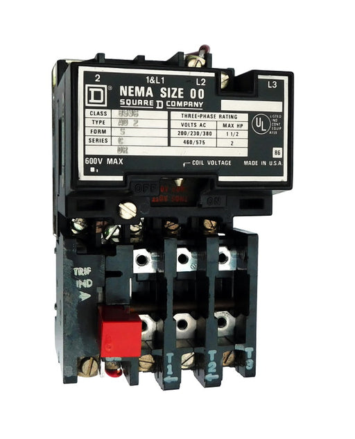 8536-SAO2-V02S Magnetic Motor Starter, Nema Size 00, 9 Amps, 3 Poles, 120VAC Coil, Full Voltage 600VAC, Open Style No Enclosure, Across the Line Starting and Stopping, Single Speed, Non-Reversing, Max HP Ratings (3 Phase): 1 1/2 @ 200VAC, 1 1/2 @ 230VAC, 2 @ 460VAC, 2 @ 575VAC. New Surplus and Certified Reconditioned with 1 Year Warranty.