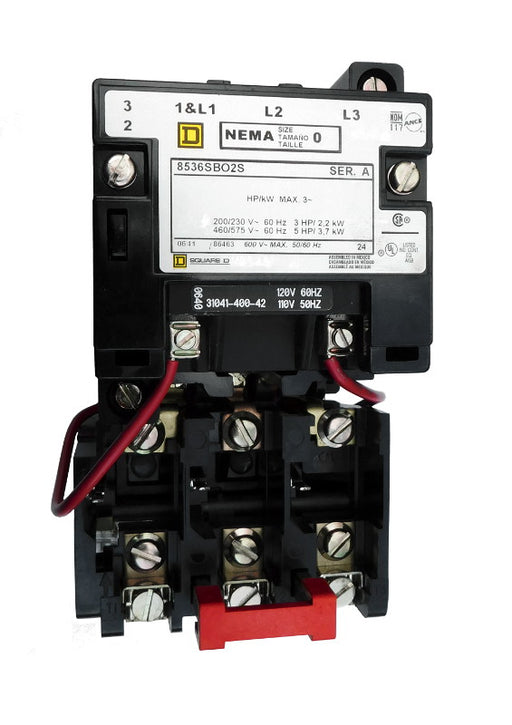8536-SBO2-V03S Magnetic Motor Starter, Nema Size 0, 18 Amps, 3 Poles, 240VAC Coil, Full Voltage 600VAC, Open Style No Enclosure, Across the Line Starting and Stopping, Single Speed, Non-Reversing, Max HP Ratings (3 Phase): 3 @ 200VAC, 3 @ 230VAC, 5 @ 460VAC, 5 @ 575VAC. New Surplus and Certified Reconditioned with 1 Year Warranty.