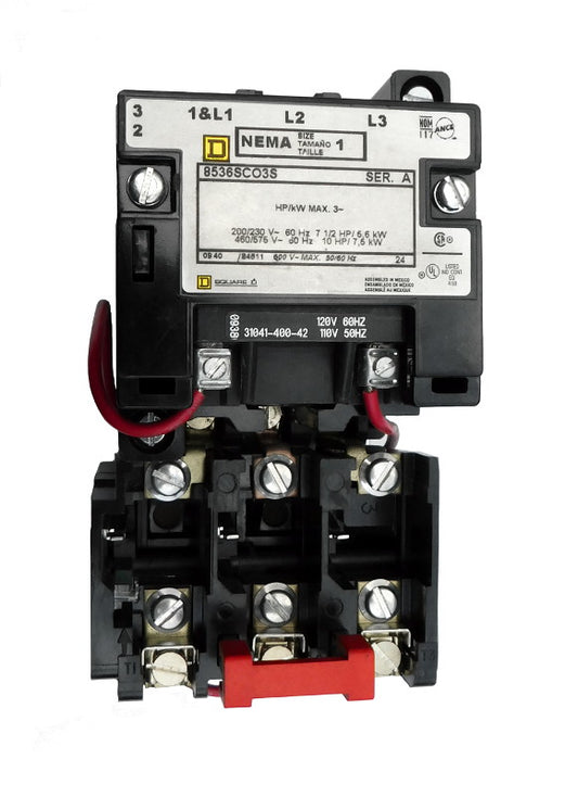 8536-SCO3-V03S Magnetic Motor Starter, Nema Size 1, 27 Amps, 3 Poles, 240VAC Coil, Full Voltage 600VAC, Open Style No Enclosure, Across the Line Starting and Stopping, Single Speed, Non-Reversing, Max HP Ratings (3 Phase): 7 1/2 HP @ 200VAC, 7 1/2 HP @ 230VAC, 10 HP @ 460VAC, 10 HP @ 575VAC. New Surplus and Certified Reconditioned with 1 Year Warranty.