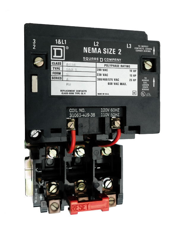 8536-SDO1-V03S Magnetic Motor Starter, Nema Size 2, 45 Amps, 3 Poles, 240VAC Coil, Full Voltage 600VAC, Open Style No Enclosure, Across the Line Starting and Stopping, Single Speed, Non-Reversing, Max HP Ratings (3 Phase): 10 HP @ 200VAC, 15 HP @ 230VAC, 25 HP @ 460VAC, 25 HP @ 575VAC. New Surplus and Certified Reconditioned with 1 Year Warranty.