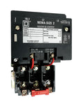 8536-SDO1-V06S Magnetic Motor Starter, Nema Size 2, 45 Amps, 3 Poles, 480VAC Coil, Full Voltage 600VAC, Open Style No Enclosure, Across the Line Starting and Stopping, Single Speed, Non-Reversing, Max HP Ratings (3 Phase): 10 @ 200VAC, 15 @ 230VAC, 25 @ 460VAC, 25 @ 575VAC. New Surplus and Certified Reconditioned with 1 Year Warranty.