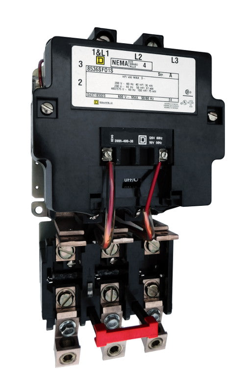 8536-SFO1-V06S Magnetic Motor Starter, Nema Size 4, 135 Amps, 3 Poles, 480VAC Coil, Full Voltage 600VAC, Open Style No Enclosure, Across the Line Starting and Stopping, Single Speed, Non-Reversing, Max HP Ratings (3 Phase): 40 @ 200VAC, 50 @ 230VAC, 100 @ 460VAC, 100 @ 575VAC. New Surplus and Certified Reconditioned with 1 Year Warranty.