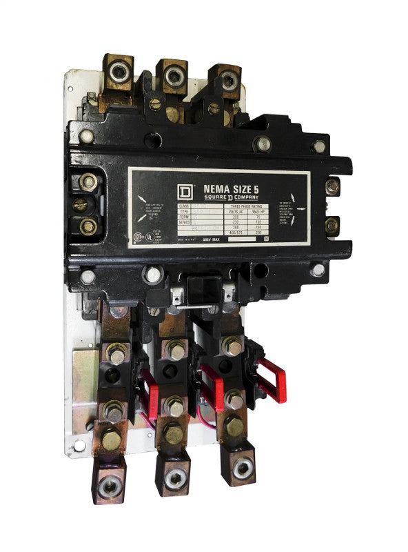 8536-SGO1-V06S Magnetic Motor Starter, Nema Size 5, 270 Amps, 3 Poles, 480VAC Coil, Full Voltage 600VAC, Open Style No Enclosure, Across the Line Starting and Stopping, Single Speed, Non-Reversing, Max HP Ratings (3 Phase): 75 @ 200VAC, 100 @ 230VAC, 200 @ 460VAC, 200 @ 575VAC. New Surplus and Certified Reconditioned with 1 Year Warranty.