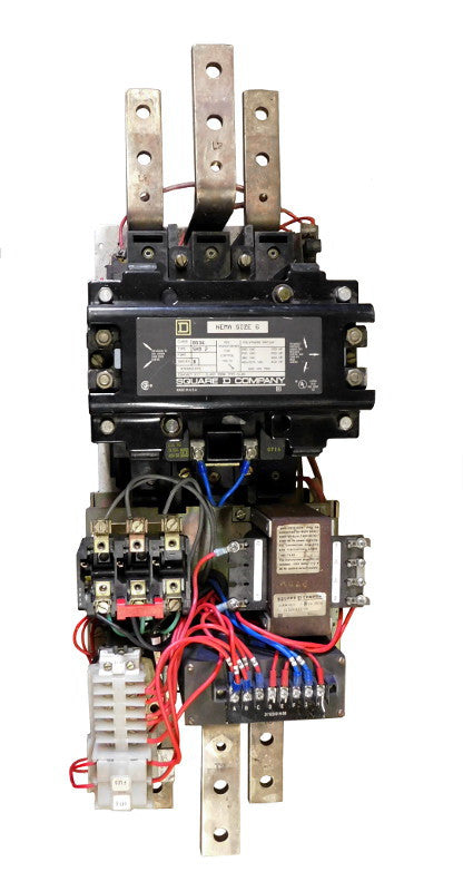 8536-SHO2-V03S Magnetic Motor Starter, Nema Size 6, 540 Amps, 3 Poles, 240VAC Coil, Full Voltage 600VAC, Open Style No Enclosure, Across the Line Starting and Stopping, Single Speed, Non-Reversing, Max HP Ratings (3 Phase): 150 HP @ 200VAC, 200 HP @ 230VAC, 400 HP @ 460VAC, 400 HP @ 575VAC. New Surplus and Certified Reconditioned with 1 Year Warranty.