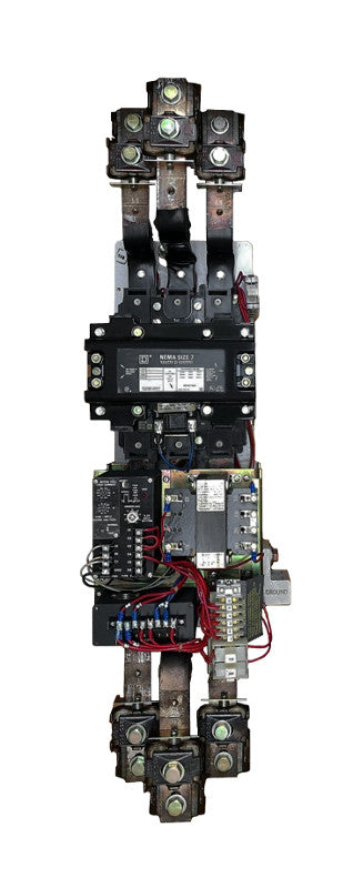 8536-SJO2-V03S Magnetic Motor Starter, Nema Size 7, 810 Amps, 3 Poles, 240VAC Coil, Full Voltage 600VAC, Open Style No Enclosure, Across the Line Starting and Stopping, Single Speed, Non-Reversing, Max HP Ratings (3 Phase): 300 HP @ 230VAC, 600 HP @ 460VAC, 600 HP @ 575VAC. New Surplus and Certified Reconditioned with 1 Year Warranty.