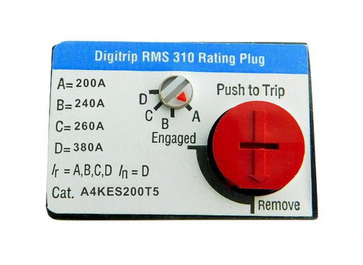 A4KES200T5 Adjustable Rating Plug: 200, 240, 260, 380 Ampere Rating, K-Frame Style, Electronic Digitrip RMS 310. New Surplus and Certified Reconditioned with 1 Year Warranty.