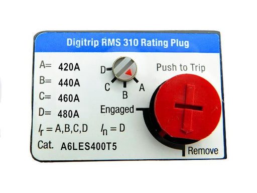 A6LES400T5 Adjustable Rating Plug: 420, 440, 460, 480 Ampere Rating, L-Frame Style, Electronic Digitrip RMS 310. New Surplus and Certified Reconditioned with 1 Year Warranty.