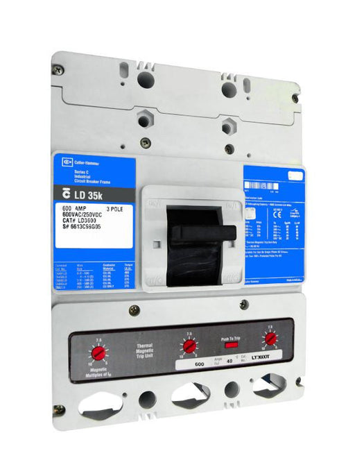 LDB3600 LDB Frame Style, Molded Case Circuit Breaker, Thermal Magnetic Non-Interchangeable Trip Unit, Suitable for Reverse Feed, 600 Ampere at 40 Degree Celsius, 3 Pole, 600VAC @ 50/60HZ. New Surplus and Certified Reconditioned with 1 Year Warranty.