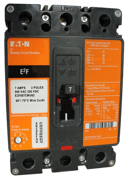 E2F007CMU62 E2F Frame Style, Molded Case Mining Circuit Breaker, Non-Interchangeable Magnetic Only Trip Unit, 7 Ampere at 40 Degree Celsius, 3 Pole, 600VAC @ 50/60HZ, Line and Load End Terminals Standard, U62 Option Includes: [110-127 VAC UVR Installed, Non LED, Right Pole Mounted, Exiting Rear]. 1 Year Warranty.