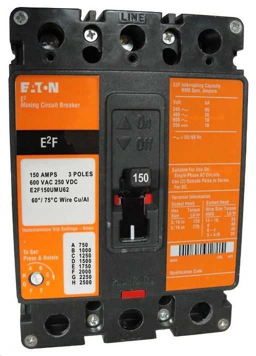 E2F150UMU62 E2F Frame Style, Molded Case Mining Circuit Breaker, Non-Interchangeable Magnetic Only Trip Unit, 150 Ampere at 40 Degree Celsius, 3 Pole, 600VAC @ 50/60HZ, Line and Load End Terminals Standard. 1 Year Warranty.