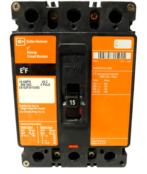 E2F3015U62 E2F Frame Style, Molded Case Mining Circuit Breaker, Non-Interchangeable Thermal Trip Unit, 15 Ampere at 40 Degree Celsius, 3 Pole, 600VAC @ 50/60HZ, Line and Load End Terminals Standard. 1 Year Warranty.