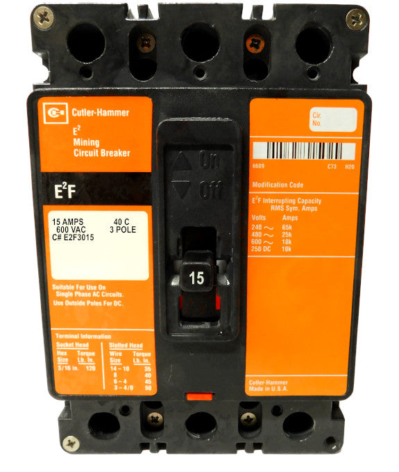 E2F3015 E2F Frame Style, Molded Case Mining Circuit Breaker, Non-Interchangeable Thermal Trip Unit, 15 Ampere at 40 Degree Celsius, 3 Pole, 600VAC @ 50/60HZ, Line and Load End Terminals Standard. 1 Year Warranty.