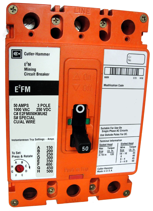 E2FM050KMU62 E2FM Frame Style, Molded Case Mining Circuit Breaker, Non-Interchangeable Magnetic Only Trip Unit, 50 Ampere at 40 Degree Celsius, 3 Pole, 1000VAC @ 50/60HZ, Line and Load End Terminals Standard, U62 Option Includes: [110-127 VAC UVR Installed, Non LED, Right Pole Mounted, Exiting Rear], 1 Year Warranty.