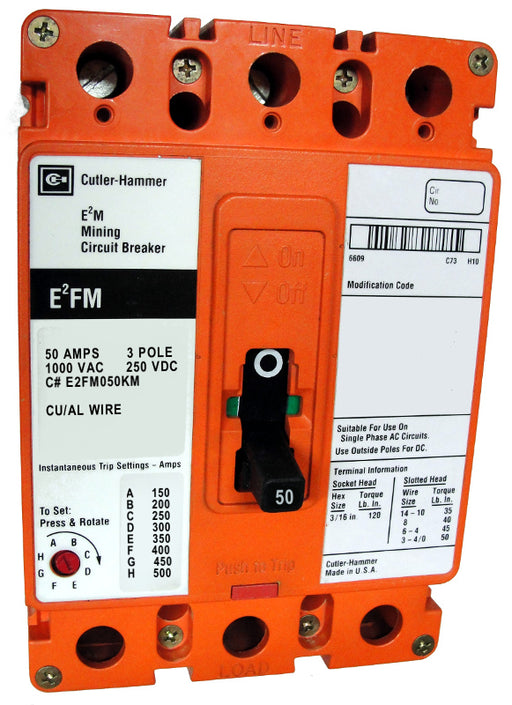 E2FM050KM E2FM Frame Style, Molded Case Mining Circuit Breaker, Non-Interchangeable Magnetic Only Trip Unit, 50 Ampere at 40 Degree Celsius, 3 Pole, 1000VAC @ 50/60HZ, Line and Load End Terminals Standard. 1 Year Warranty.