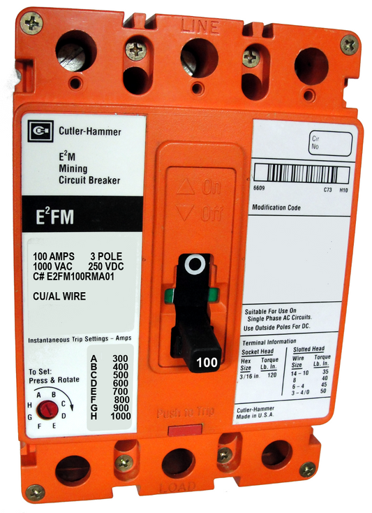 E2FM100RMA01 E2FM Frame Style, Molded Case Mining Circuit Breaker, Non-Interchangeable Magnetic Only Trip Unit, 100 Ampere at 40 Degree Celsius, 3 Pole, 1000VAC @ 50/60HZ, Line and Load End Terminals Standard. 1 Year Warranty.