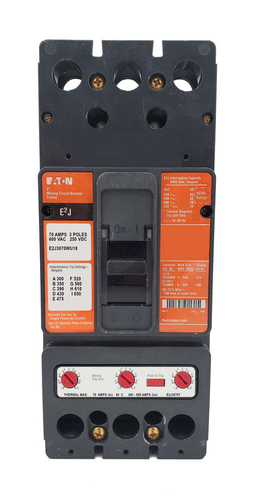 E2J3070WU18 E2J Frame Style, Molded Case Mining Circuit Breaker, Interchangeable Thermal-Magnetic Trip Unit, 70 Ampere at 40 Degree Celsius, 3 Pole, 600VAC @ 50/60HZ, U18 Option Includes: [120VAC UVR Installed, Left Pole Mounted, Exiting Rear], Without Terminals Standard. 1 Year Warranty.
