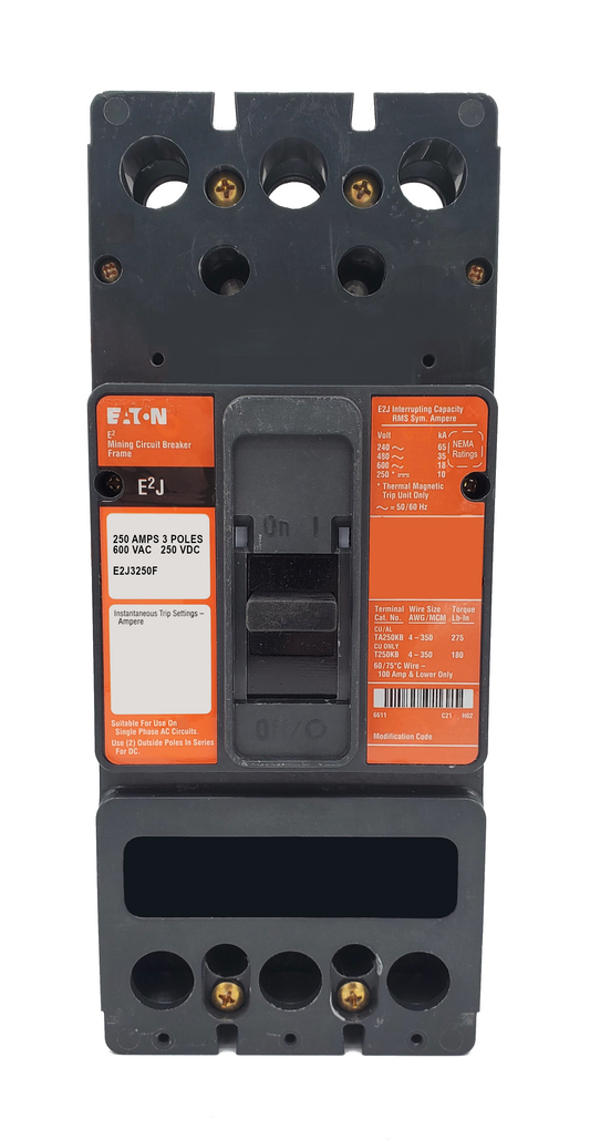 E2J3250F (Frame Only) E2J Frame Style, Molded Case Mining Circuit Breaker, Frame Only, 3 Pole, 600VAC @ 50/60HZ, Interrupting Ratings: 65 Kiloampere @ 240VAC, 35 Kiloampere @ 480VAC, 18 Kiloampere @ 600VAC, 10 Kiloampere @ 250VDC. 1 Year Warranty.