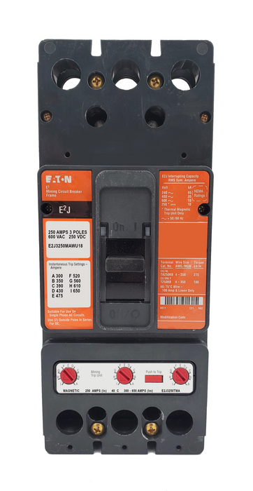 E2J3250MAWU18 E2J Frame Style, Molded Case Mining Circuit Breaker, Interchangeable Magnetic Only Trip Unit, 250 Ampere at 40 Degree Celsius, 3 Pole, 600VAC @ 50/60HZ, Without Terminals Standard. 1 Year Warranty.