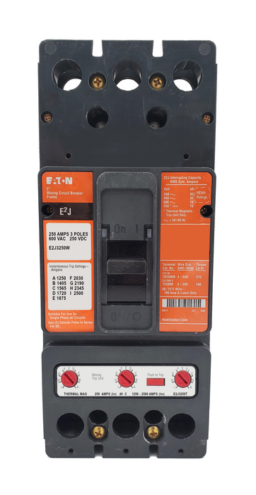 E2J3250W E2J Frame Style, Molded Case Mining Circuit Breaker, Interchangeable Thermal-Magnetic Trip Unit, 250 Ampere at 40 Degree Celsius, 3 Pole, 600VAC @ 50/60HZ, Without Terminals Standard. 1 Year Warranty.