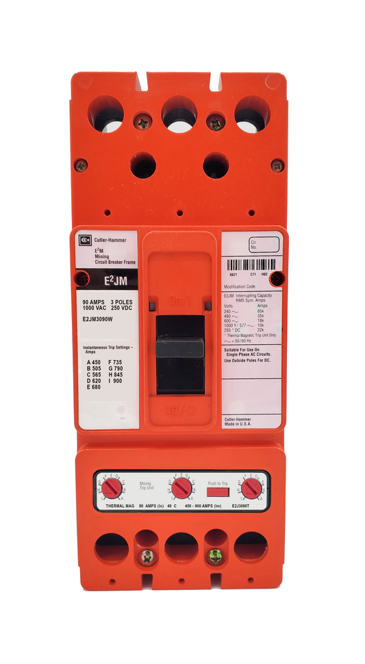 E2JM3090W E2JM Frame Style, Molded Case Mining Circuit Breaker, Interchangeable Thermal-Magnetic Trip Unit, 90 Ampere at 40 Degree Celsius, 3 Pole, 1000VAC @ 50/60HZ, Without Terminals Standard. 1 Year Warranty.