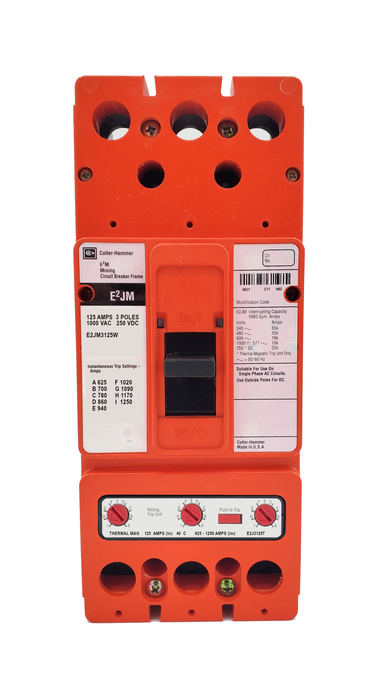 E2JM3125W E2JM Frame Style, Molded Case Mining Circuit Breaker, Interchangeable Thermal-Magnetic Trip Unit, 125 Ampere at 40 Degree Celsius, 3 Pole, 1000VAC @ 50/60HZ, Without Terminals Standard. 1 Year Warranty.