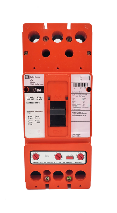 E2JM3225DWU18 E2JM Frame Style, Molded Case Mining Circuit Breaker, Interchangeable Thermal-Magnetic Trip Unit, 225 Ampere at 40 Degree Celsius, 3 Pole, 1000VAC @ 50/60HZ, Without Terminals Standard, U18 Option Includes: [110-127VAC UVR Installed, Left Pole Mounted, Exiting Rear], 1 Year Warranty.