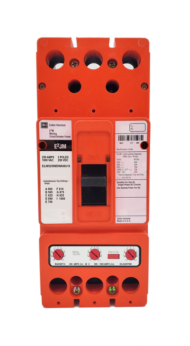 E2JM3250MDWA06U18 E2JM Frame Style, Molded Case Mining Circuit Breaker, Interchangeable Magnetic Only Trip Unit, 250 Ampere at 40 Degree Celsius, 3 Pole, 1000VAC @ 50/60HZ, Without Terminals Standard. 1 Year Warranty.