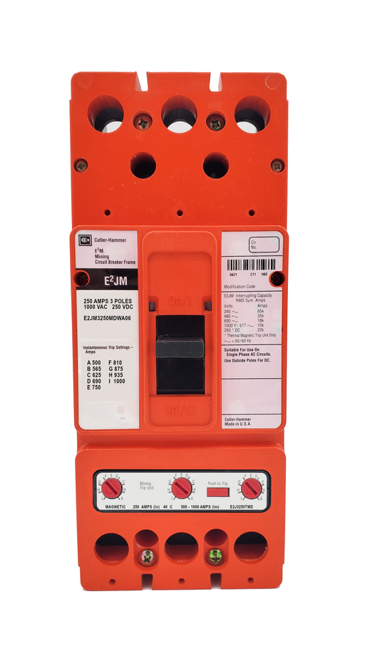 E2JM3250MDWA06 E2JM Frame Style, Molded Case Mining Circuit Breaker, Interchangeable Magnetic Only Trip Unit, 250 Ampere at 40 Degree Celsius, 3 Pole, 1000VAC @ 50/60HZ, Without Terminals Standard, A06 Option Includes [1-A(Open) 1-B(Closed) Auxiliary Switch Installed, Right Pole Mounted, Exiting Rear]. 1 Year Warranty.