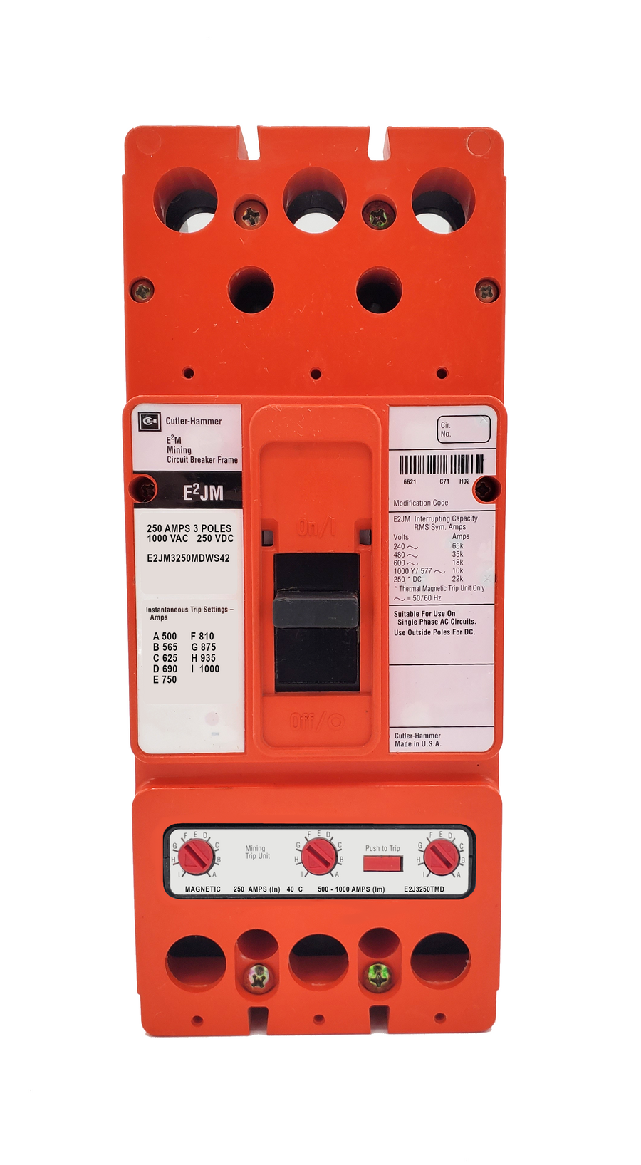 E2JM3250MDWS42 E2JM Frame Style, Molded Case Mining Circuit Breaker, Interchangeable Magnetic Only Trip Unit, 250 Ampere at 40 Degree Celsius, 3 Pole, 1000VAC @ 50/60HZ, Without Terminals Standard, S42 Option Includes: [12-24 VAC or VDC Shunt Trip Installed, Left Pole Mounted, Exiting Rear]. 1 Year Warranty.