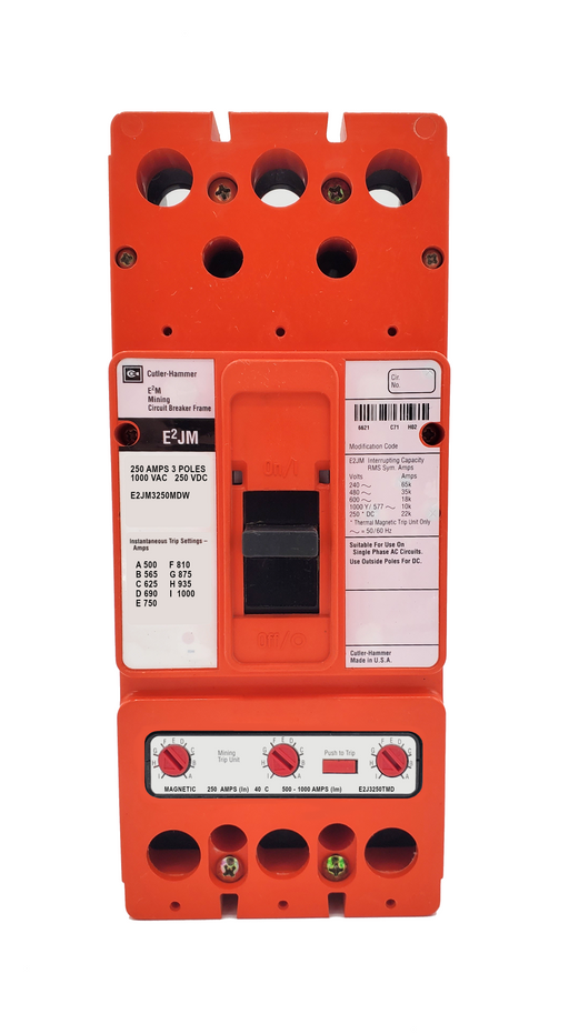 E2JM3250MDW E2JM Frame Style, Molded Case Mining Circuit Breaker, Interchangeable Magnetic Only Trip Unit, 250 Ampere at 40 Degree Celsius, 3 Pole, 1000VAC @ 50/60HZ, Without Terminals Standard. 1 Year Warranty.