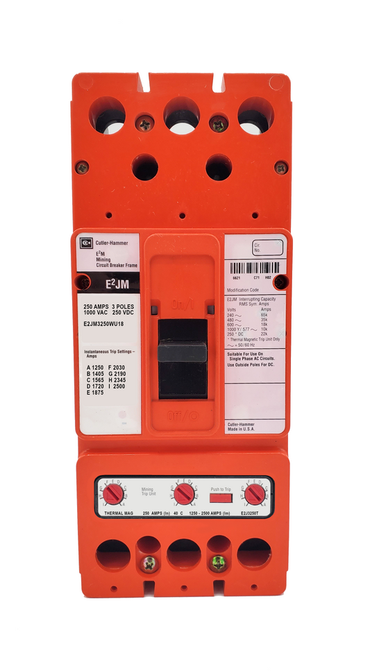 E2JM3250WU18 E2JM Frame Style, Molded Case Mining Circuit Breaker, Interchangeable Thermal-Magnetic Trip Unit, 250 Ampere at 40 Degree Celsius, 3 Pole, 1000VAC @ 50/60HZ, Without Terminals Standard, U18 Option Includes: [110-127VAC UVR Installed, Left Pole Mounted, Exiting Rear], 1 Year Warranty.
