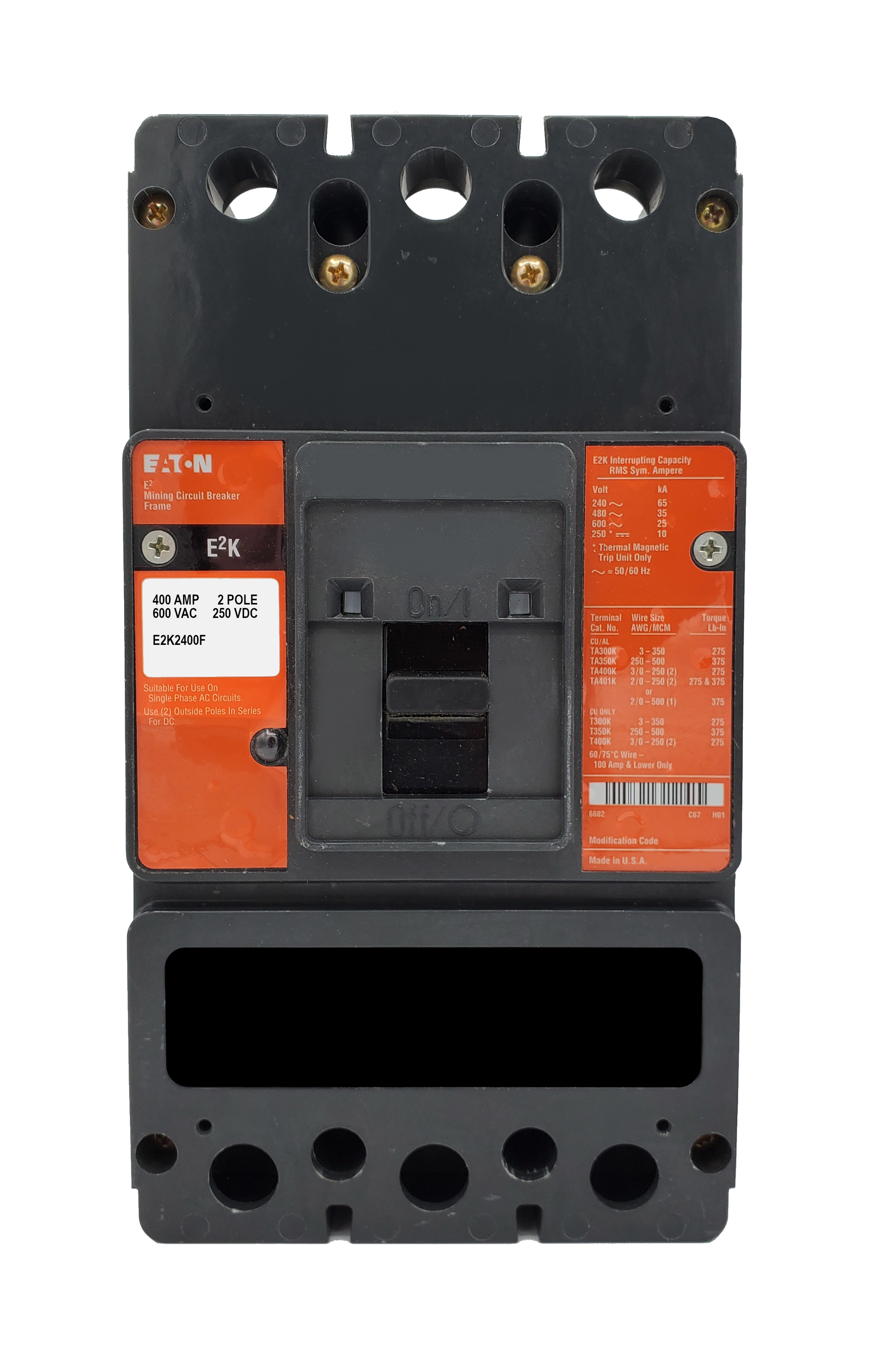 E2K2400F (Frame Only) E2K Frame Style, Molded Case Mining Circuit Breaker, Frame Only, 600VAC @ 50/60HZ, Interrupting Ratings: 65 Kiloampere @ 240VAC, 35 Kiloampere @ 480VAC, 25 Kiloampere @ 600VAC, 10 Kiloampere @ 250VDC. 1 Year Warranty. Hard to find customization options.