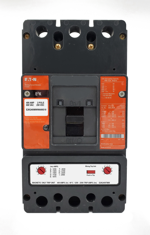 E2K2400MWWA06S10 E2K Frame Style, Molded Case Mining Circuit Breaker, Interchangeable Magnetic Only Trip Unit, 400 Ampere at 40 Degree Celsius, 2 Pole, 600VAC @ 50/60HZ, Without Terminals Standard. 1 Year Warranty.