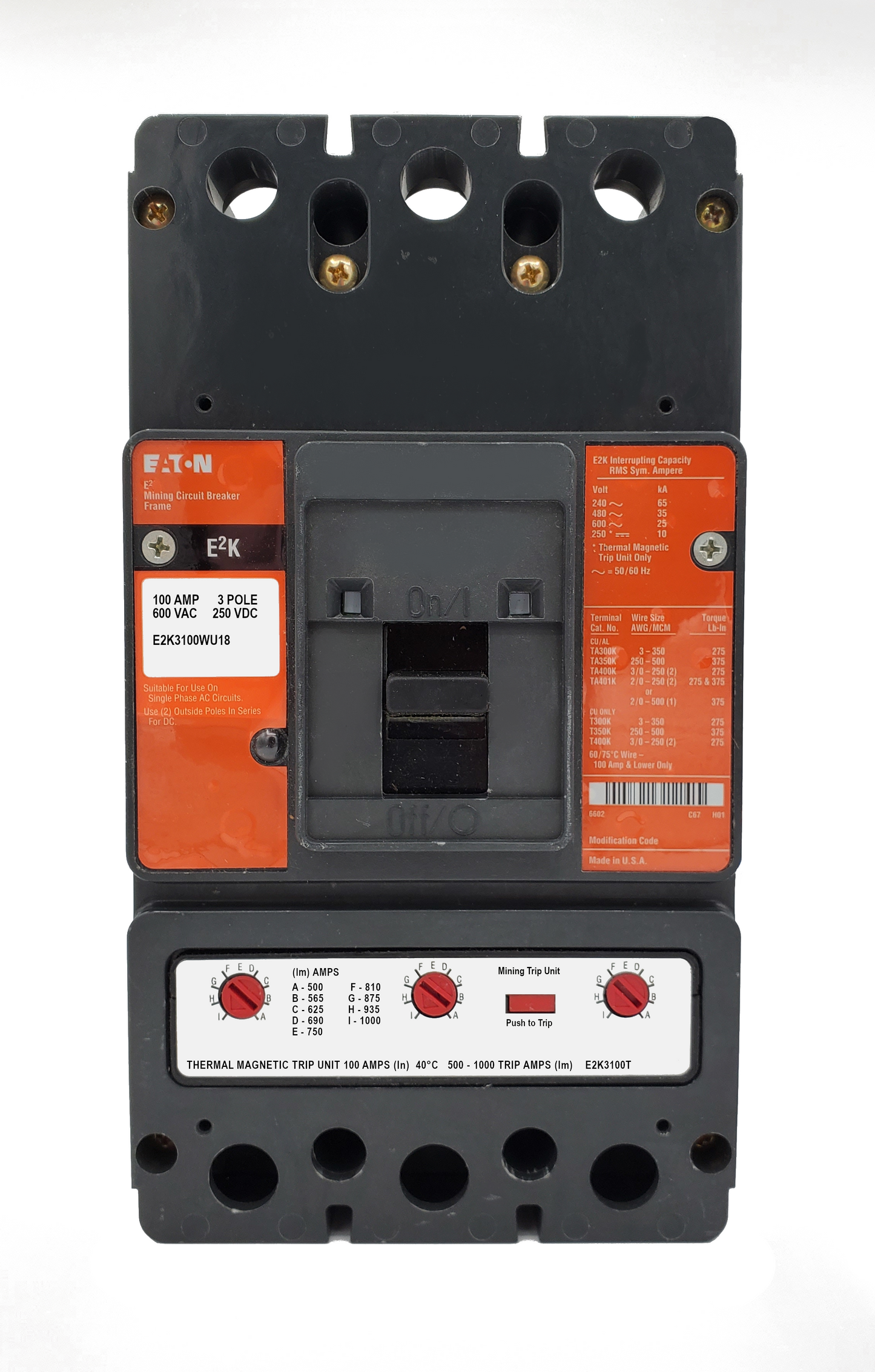E2K3100WU18 E2K Frame Style, Molded Case Mining Circuit Breaker, Interchangeable Thermal-Magnetic Trip Unit, 100 Ampere at 40 Degree Celsius, 3 Pole, 600VAC @ 50/60HZ, Without Terminals Standard, U18 Option Includes: [110-127VAC UVR Installed, Left Pole Mounted, Exiting Rear], 1 Year Warranty.