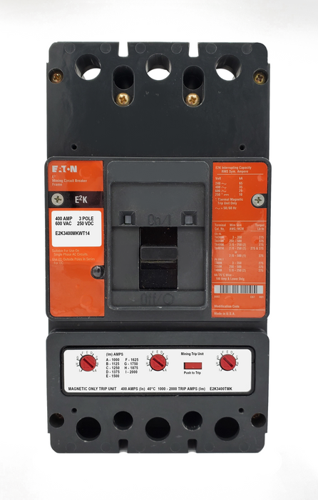 E2K3400MKWT14 E2K Frame Style, Molded Case Mining Circuit Breaker, Interchangeable Magnetic Only Trip Unit, 400 Ampere at 40 Degree Celsius, 3 Pole, 600VAC @ 50/60HZ, Without Terminals Standard. 1 Year Warranty.