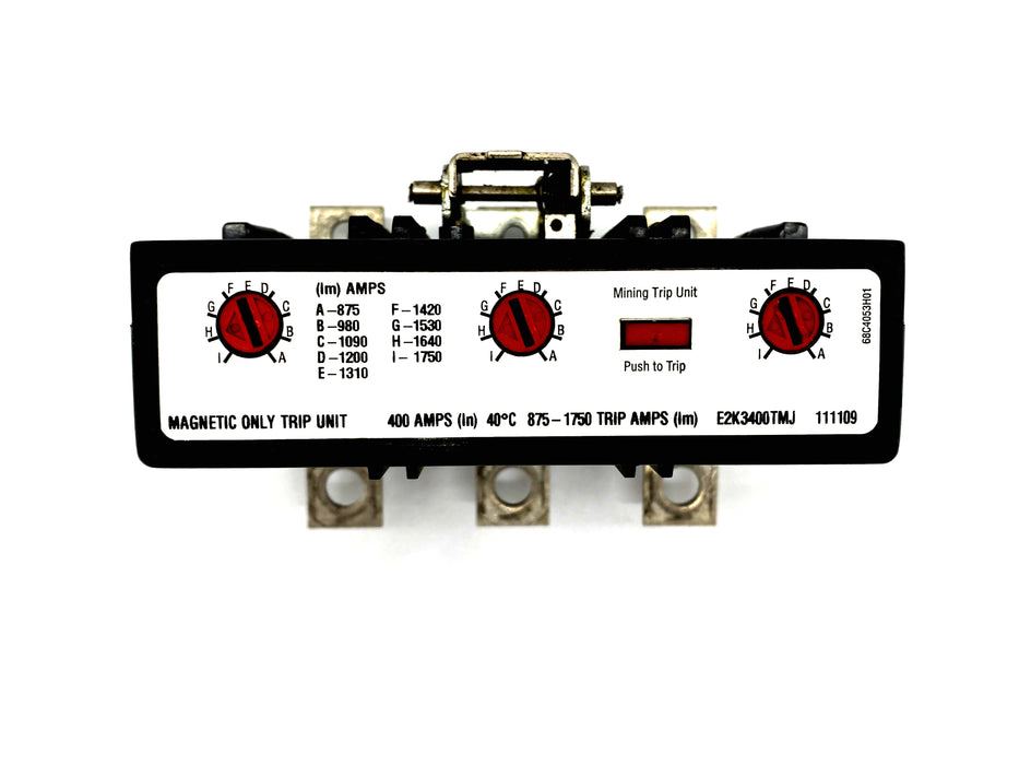 E2K3400TMJ Trip Unit, K Frame Style, Magnetic Only, 400 Ampere at 40 Degree Celsius, 3 Pole, 875-1750 Amp Trip Rating with 1 Year Warranty.