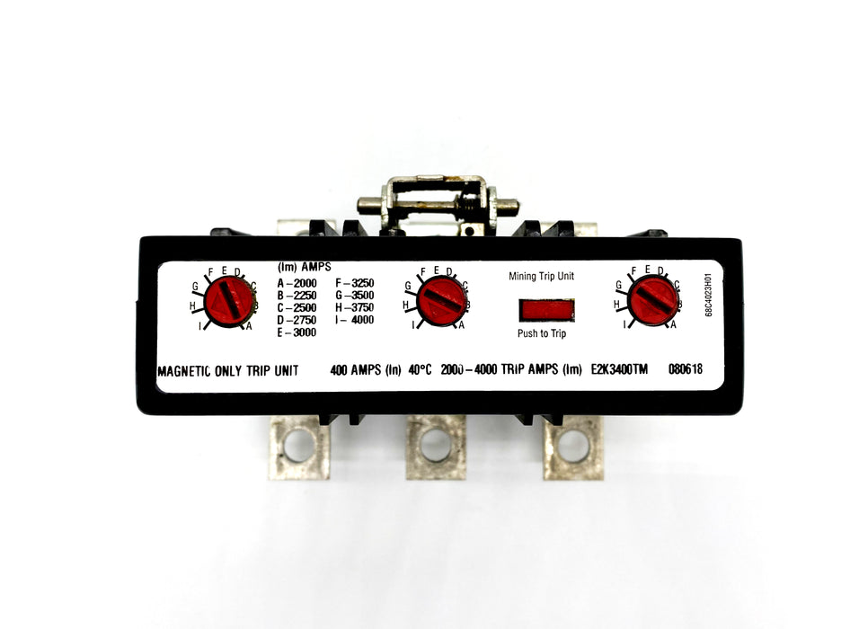 E2K3400TM Trip Unit, K Frame Style, Magnetic Only, 400 Ampere at 40 Degree Celsius, 3 Pole,  2000-4000 Amp Trip Rating with 1 Year Warranty.