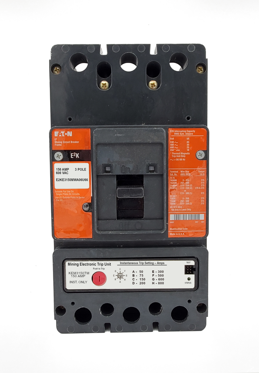 E2KE3150MWA06U66 E2K Frame Style, Molded Case Mining Circuit Breaker, Interchangeable Electronic Trip Unit, Instantaneous Only, 150 Ampere at 40 Degree Celsius, 3 Pole, 600VAC @ 50/60HZ, Without Terminals Standard. 1 Year Warranty.