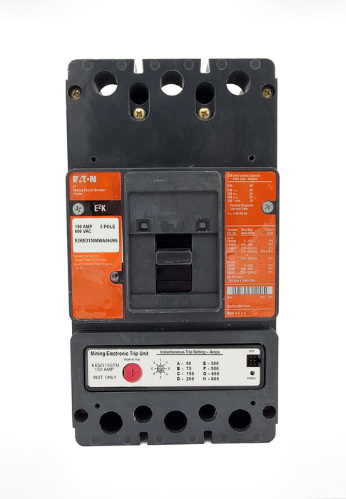 E2KE3150MWA06U66 E2K Frame Style, Molded Case Mining Circuit Breaker, Interchangeable Electronic Trip Unit, Instantaneous Only, 150 Ampere at 40 Degree Celsius, 3 Pole, 600VAC @ 50/60HZ, Without Terminals Standard. 1 Year Warranty.