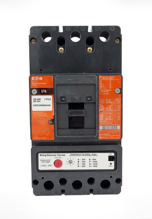 E2KE3200WA06U66 E2K Frame Style, Molded Case Mining Circuit Breaker, Interchangeable Electronic Trip Unit, Long/Instantaneous, 200 Ampere at 40 Degree Celsius, 3 Pole, 600VAC @ 50/60HZ, Without Terminals Standard. 1 Year Warranty.