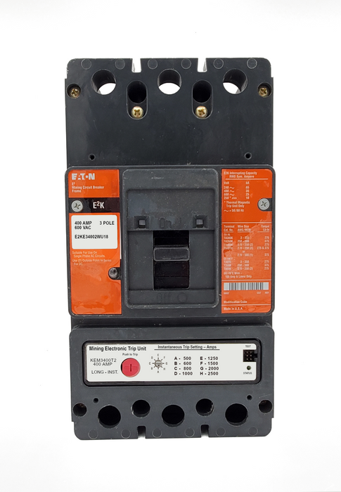 E2KE34002WU18 E2K Frame Style, Molded Case Mining Circuit Breaker, Interchangeable Electronic Trip Unit, Long/Instantaneous, 400 Ampere at 40 Degree Celsius, 3 Pole, 600VAC @ 50/60HZ, Without Terminals Standard, U18 Option Includes: [110-127VAC UVR Installed, Left Pole Mounted, Exiting Rear], 1 Year Warranty.